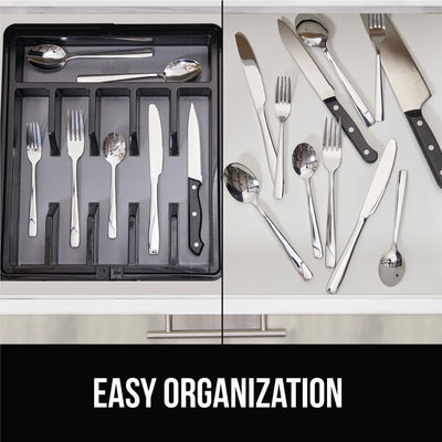 Expandable Rubber Lined Silverware Organizer for Kitchen Drawers, Grip Feet to Stay in Place, Utensil Drawer Tray, Maximize Flatware Storage, Bpa-Free Adjustable Cutlery Holder, Black