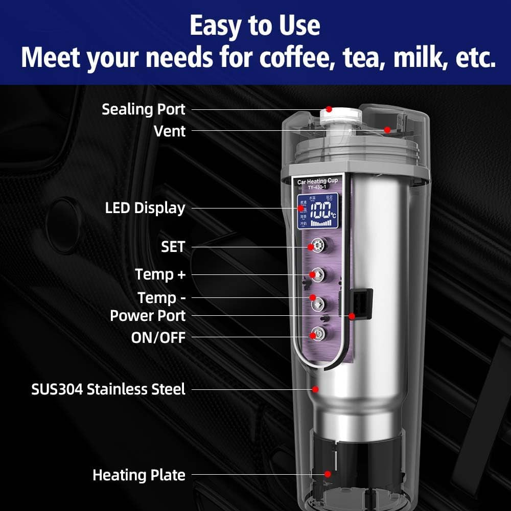 Portable Electric Kettle,12V/24V Car Water Heater for Travel,450 Ml Heated Coffee Mug,304 Stainless Steel,40~100℃ Adjustable,Leak-Proof, Anti-Dry Burn Protection,Black