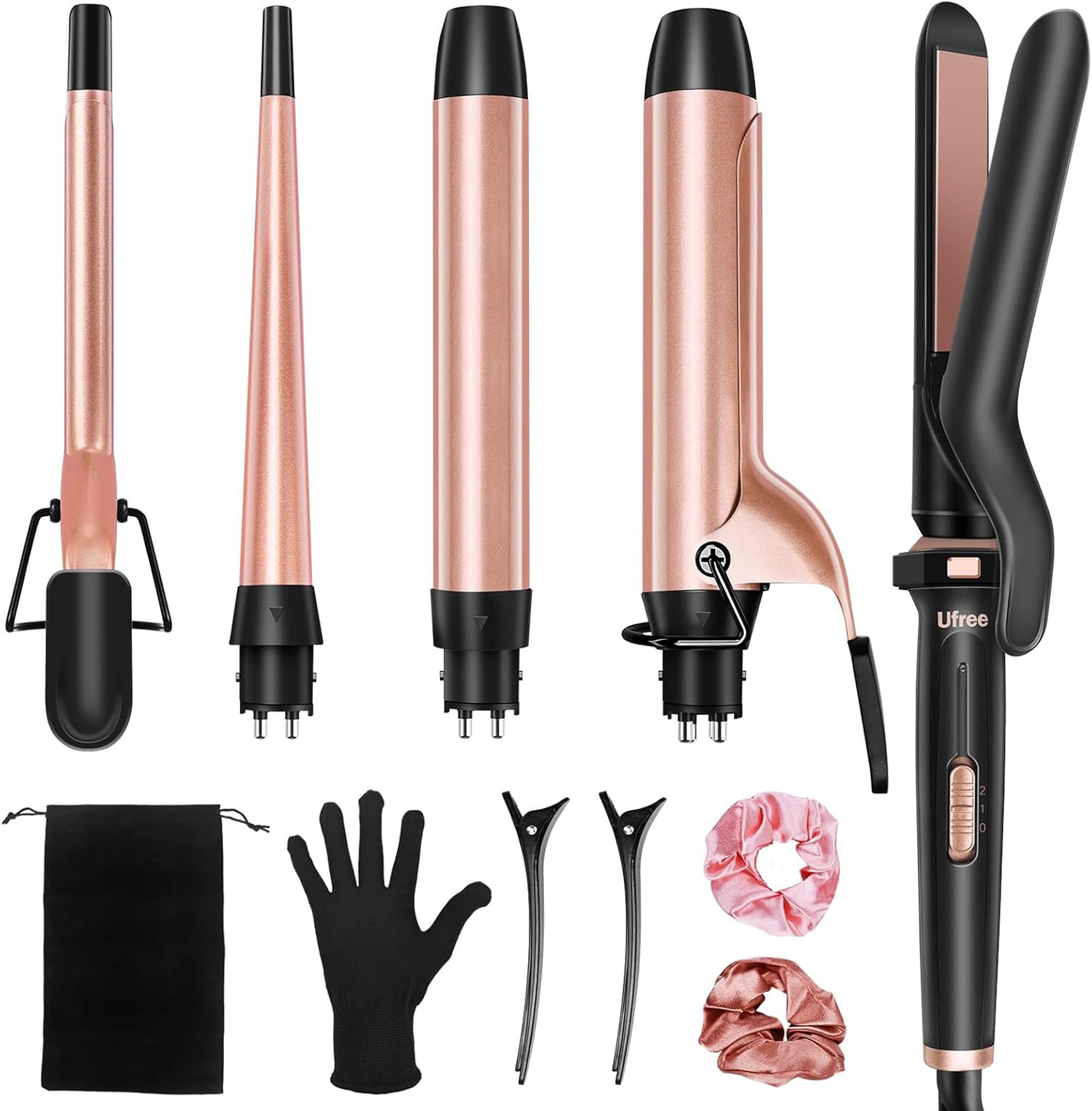 5 in 1 Curling Iron with Interchangeable Ceramic Barrels (0.35"-1.25"), Curling Wand Set with Flat Iron Hair Straightener, Professional Instant Heat Up, Dual Voltage Hair Curler, Women Gifts