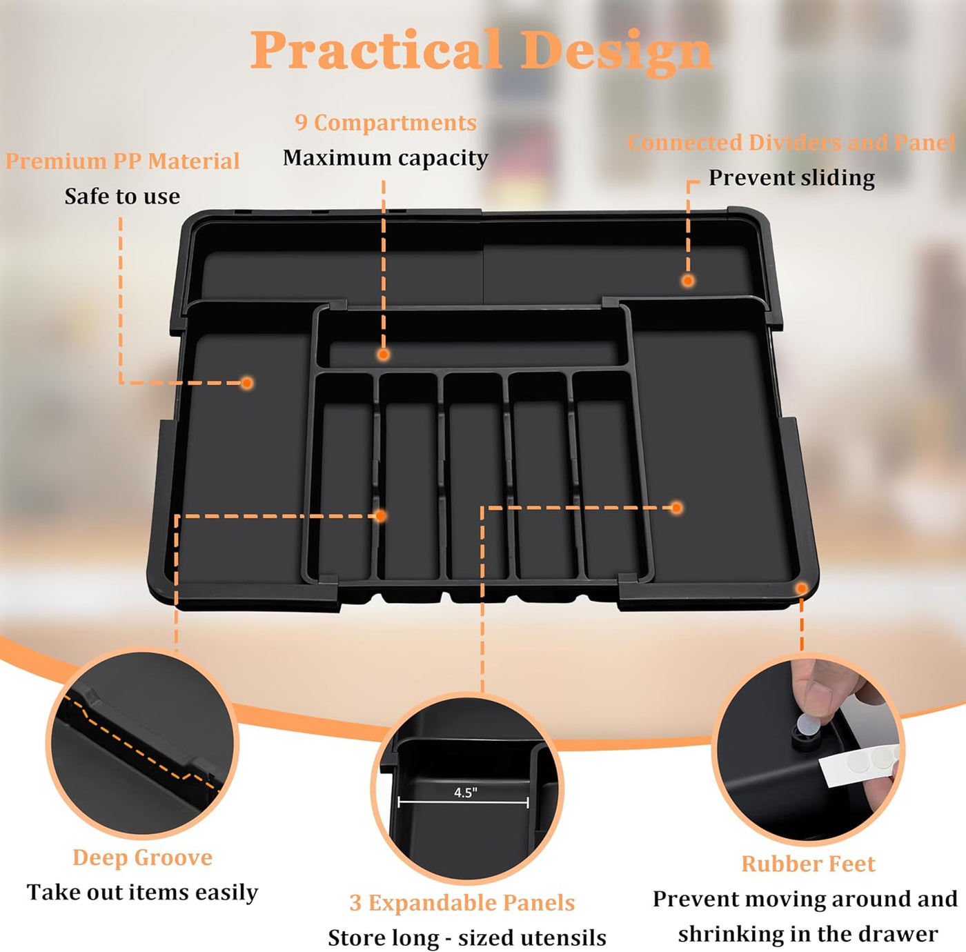 Silverware Organizer Expandable Kitchen Utensil Drawer Organizer with 9 Compartment Large Cutlery Organizer Tray for Forks Knives Adjustable Plastic Flatware Holder Storage Divider Black