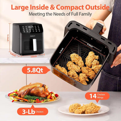 Beelicious® 5.8QT Large Air Fryer, 12-In-1 Digital Airfryer with Clear Window, 40+ Recipes, Flavor-Lock Tech, Shake Reminder, Compact, Quiet, Dishwasher Safe, Nonstick, Fit for Family of 2-5, Black