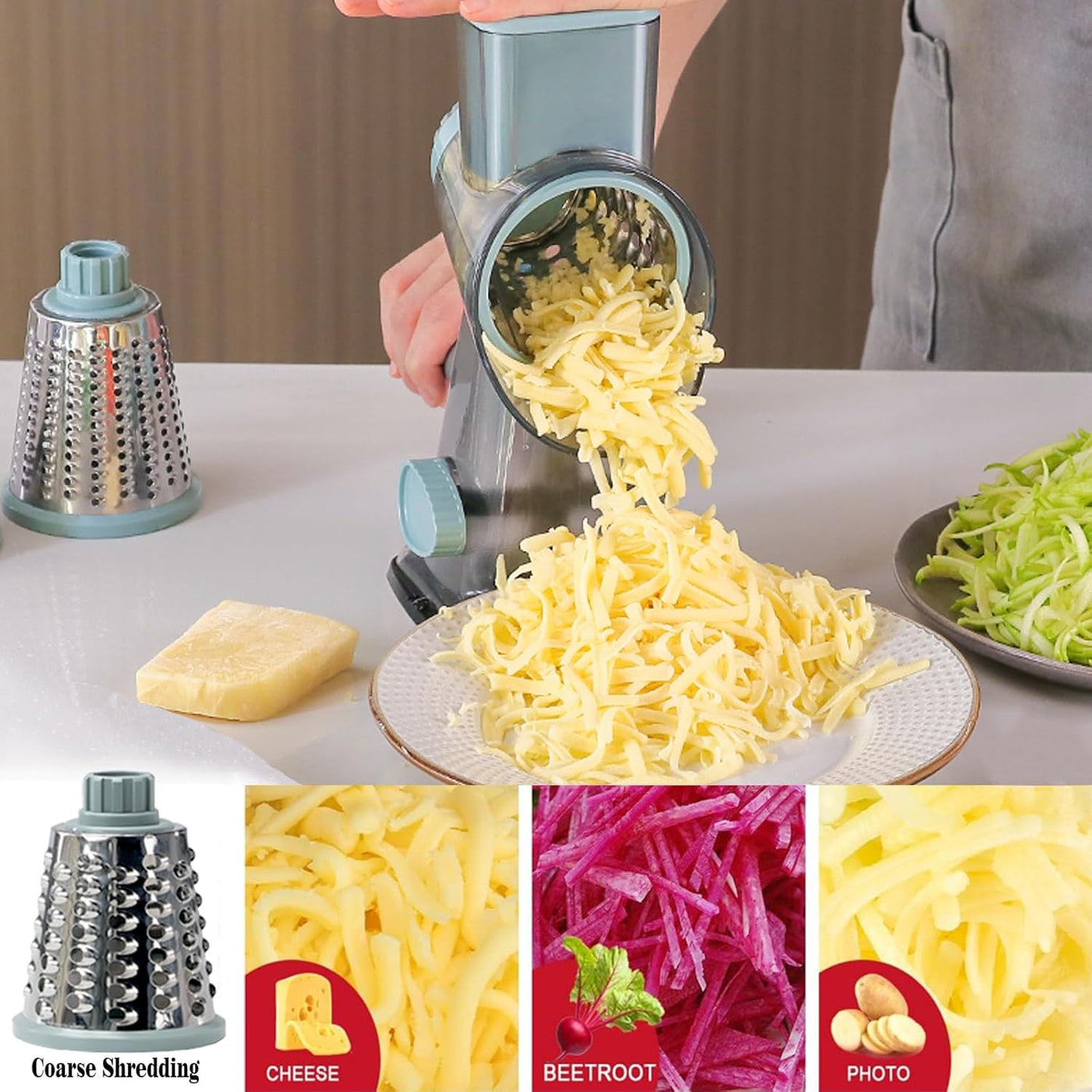 Cheese Grater,Rotary Cheese Grater Multi-Purpose Stainless Steel Cheese Shredder - Cheese Grater with Handle Effortless Grating of Cheese, Vegetables, and Fruits (Blue)