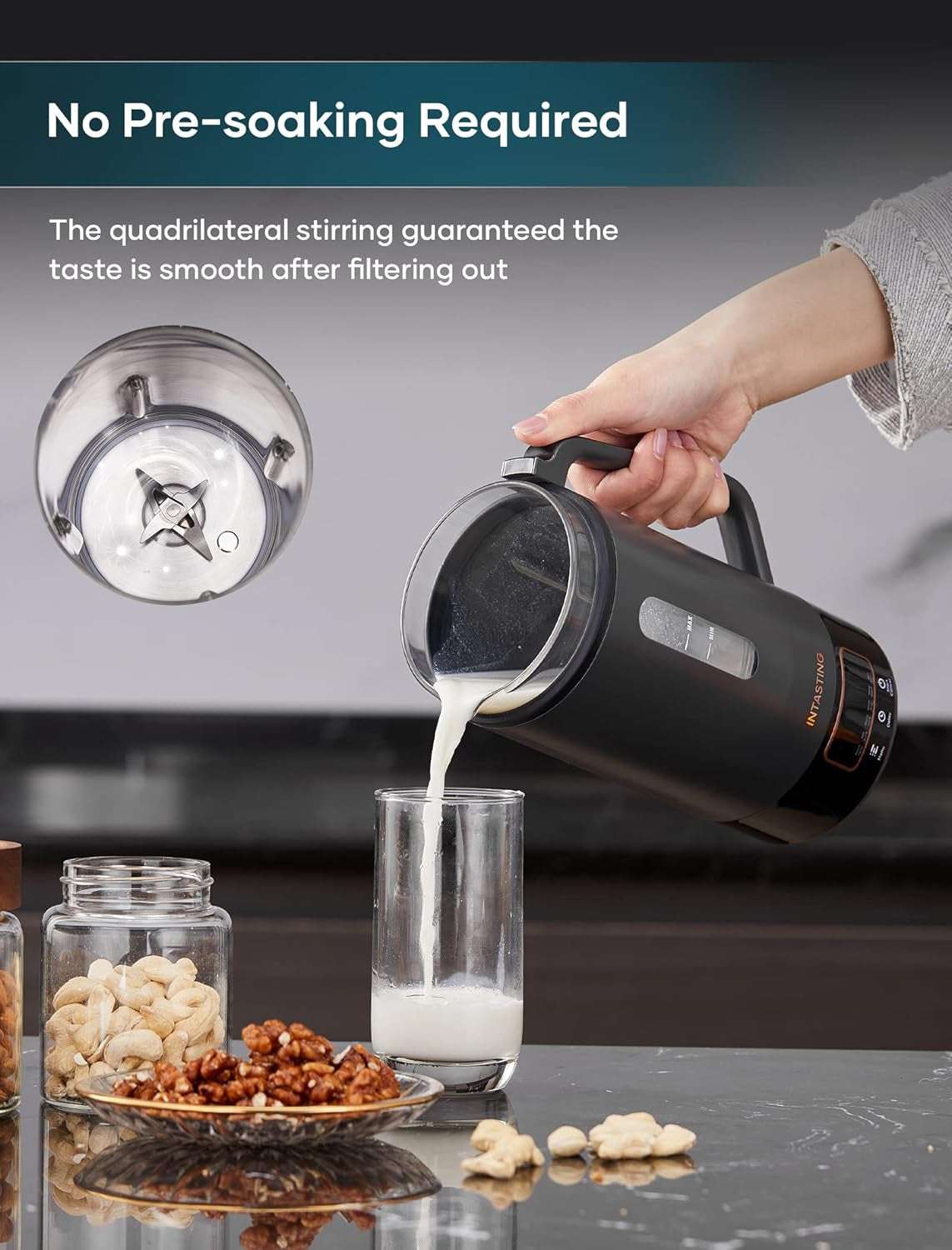 Automatic Nut Milk Maker, Glass Inner, Homemade Almond, Oats, Etc Grain, Soy Milk Machine with 6 Preset, Keep Warm, Delay, Boil Water, Blende, Self-Clean, Boil-Dry Protection, Easy Clean