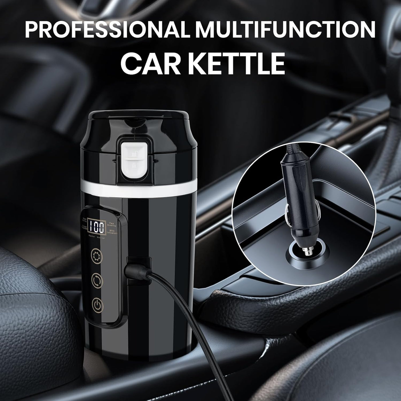 Electric Car Kettle 12V/24V Portable Mini Water Boiler Heated Travel Mug for Car, Smart Multiple Temperature Adjustable Coffee Tea Truck Cup (430 ML)