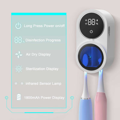 Wall Mounted Toothbrush Holder and Cleaner Smart Light Cleaning and Fan Drying Automatic Rotating Cover Toothbrush Case with Digtal Screen Display Portable Toothbrush Device for Trips (01 White)