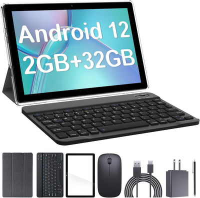 Android 12 Tablet with Keyboard 10 Inch 2 in 1 Tablets Set Include Mouse Case Stylus Film, 2GB+32GB Quad-Core Tablet PC, 10.1'' Tab HD IPS Screen Wifi BT 6000Mah Battery Dual Camera Google GMS Tableta