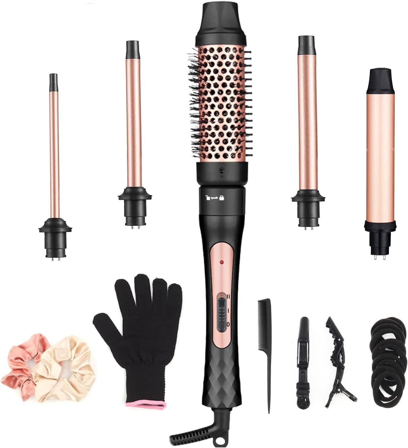 5 in 1 Curling Wand Set, Curling Iron with Curling Brush and 4 Interchangeable Ceramic Curling Wand(0.35”-1.25”), Fast Heating, Include Heat Protective Glove & 2 Clips