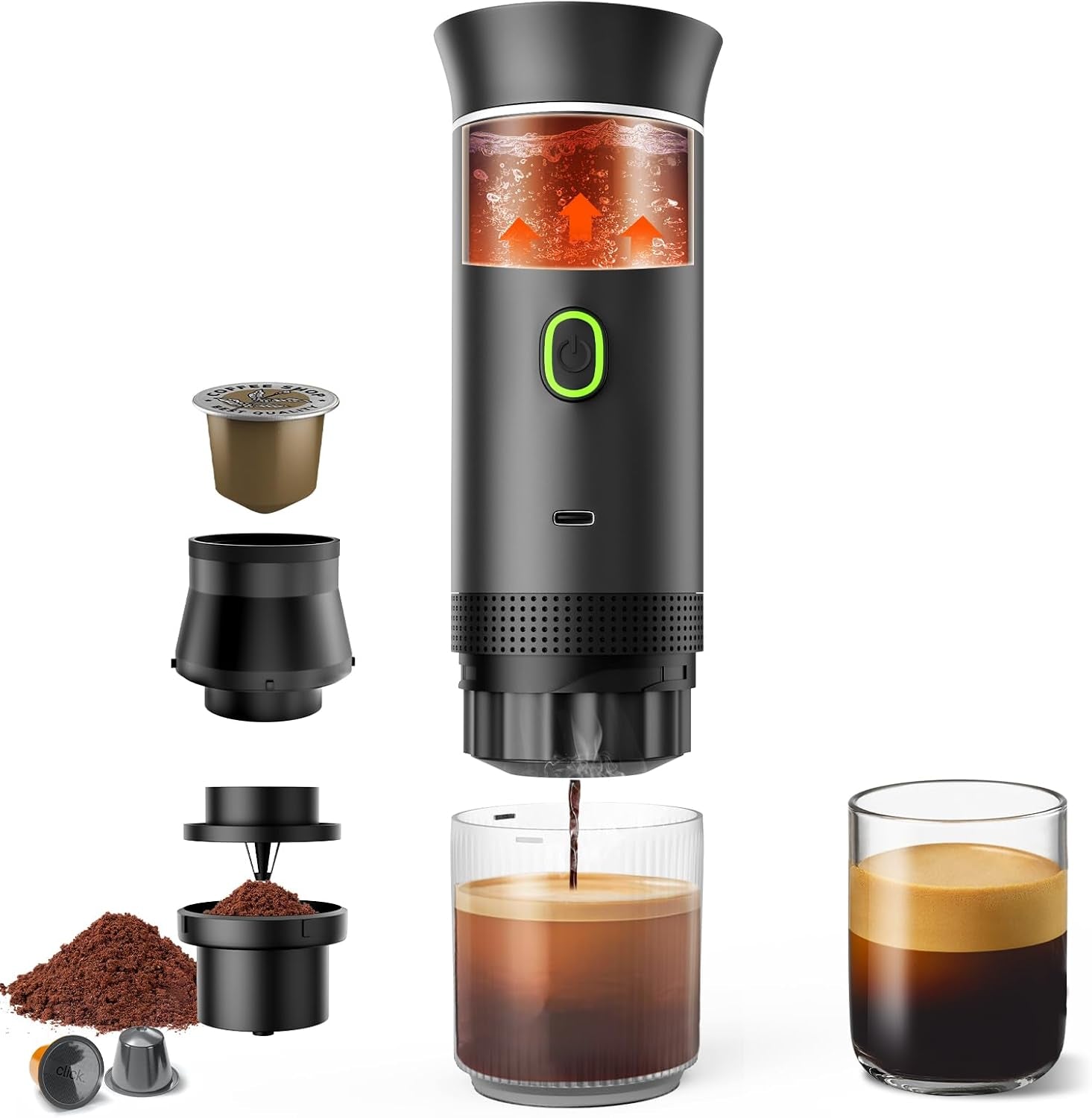 Portable Electric Espresso Maker, 20 Bar Mini Travel Coffee Maker, Expresso Coffee Machines with Usb-C,3-In-1 Car Coffee Maker Self-Heating, Ground Coffee & Capsule(Ns&Dg) for Office, Camping, RV