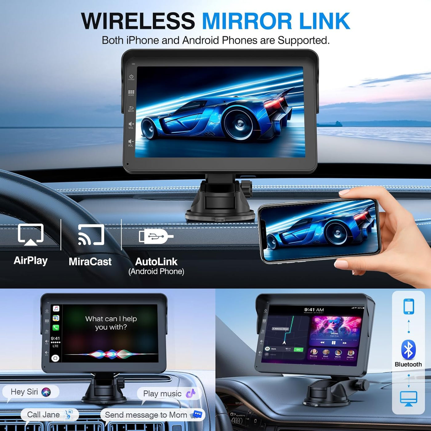 Portable Wireless Apple Carplay and Android Auto Car Stereo with Voice Control,7" Touch Screen Double Din Stereo with Bluetooth, Multimedia Player, Car Audio with Backup Camera Car Play for All Cars